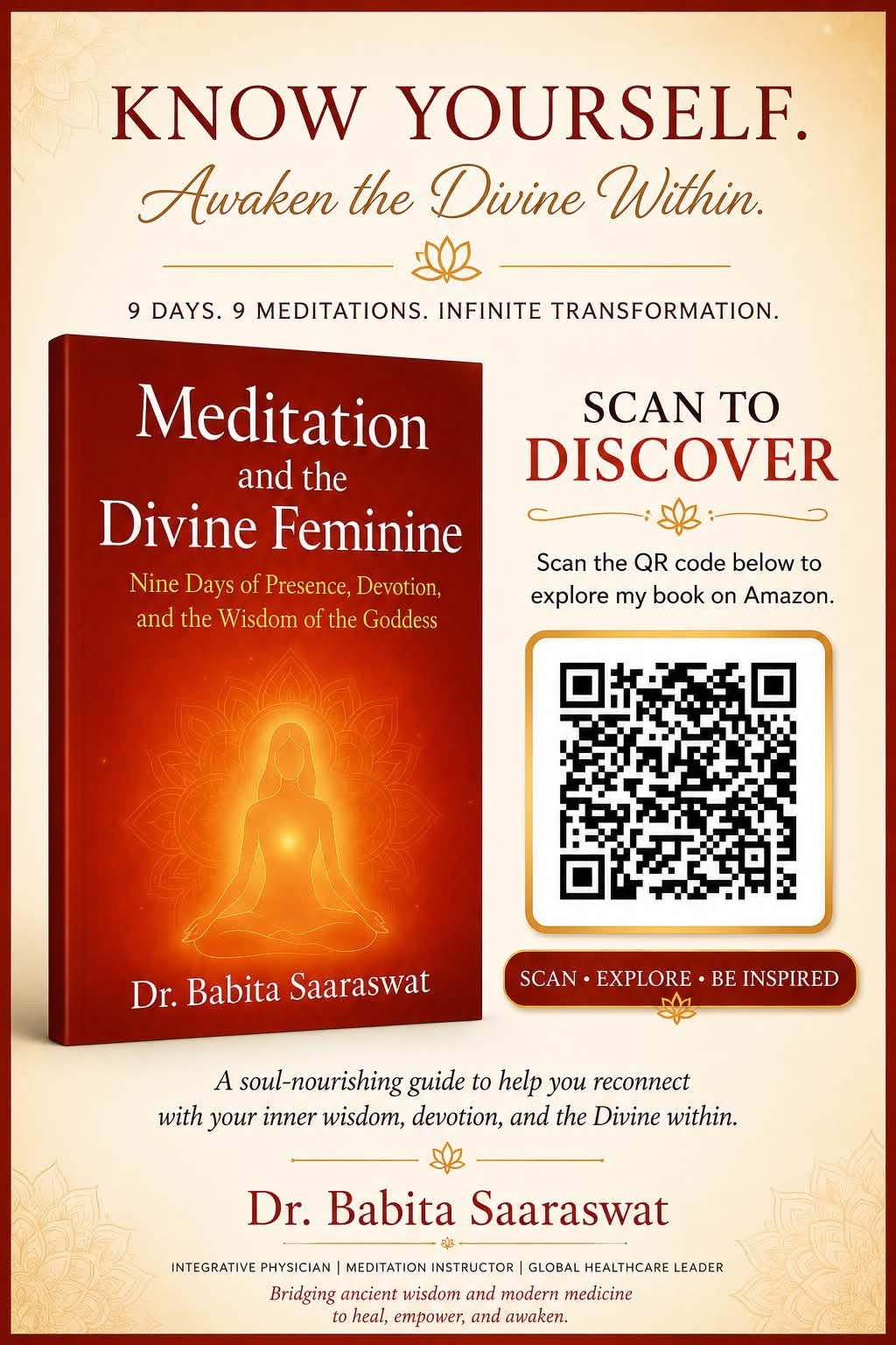 Meditation and the Divine Feminine by Dr. Babita Saaraswat, with a QR code to explore the book on Amazon